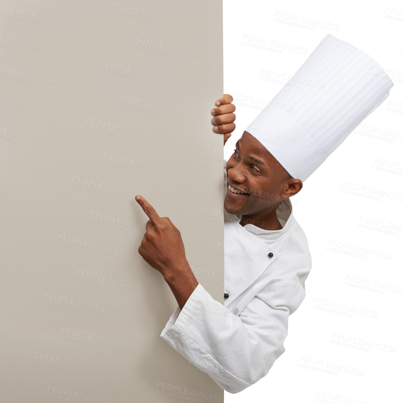 Buy stock photo Smile, pointing and a black man chef with mockup isolated on a transparent background for marketing. Presentation, information and space with a happy young person in uniform on PNG for advertising