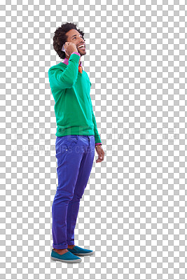 Buy stock photo Phone call, confident and young black man with communication in colorful, stylish and casual outfit. Happy, cellphone and African person on mobile conversation isolated by transparent png background.