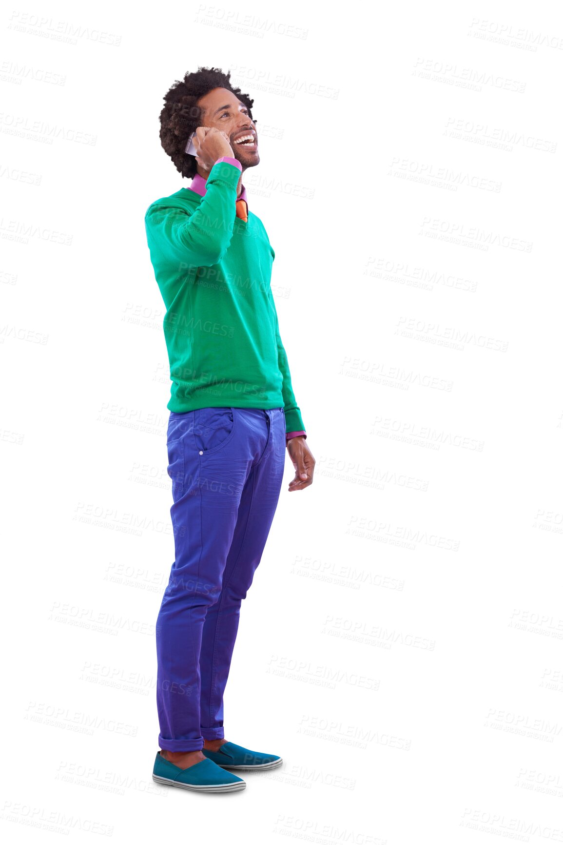 Buy stock photo Phone call, confident and young black man with communication in colorful, stylish and casual outfit. Happy, cellphone and African person on mobile conversation isolated by transparent png background.