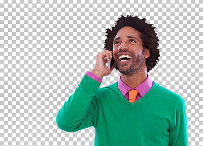 Buy stock photo Phone call, happy and young black man with communication in colorful, stylish and casual outfit. Smile, cellphone and African male person on mobile conversation isolated by transparent png background