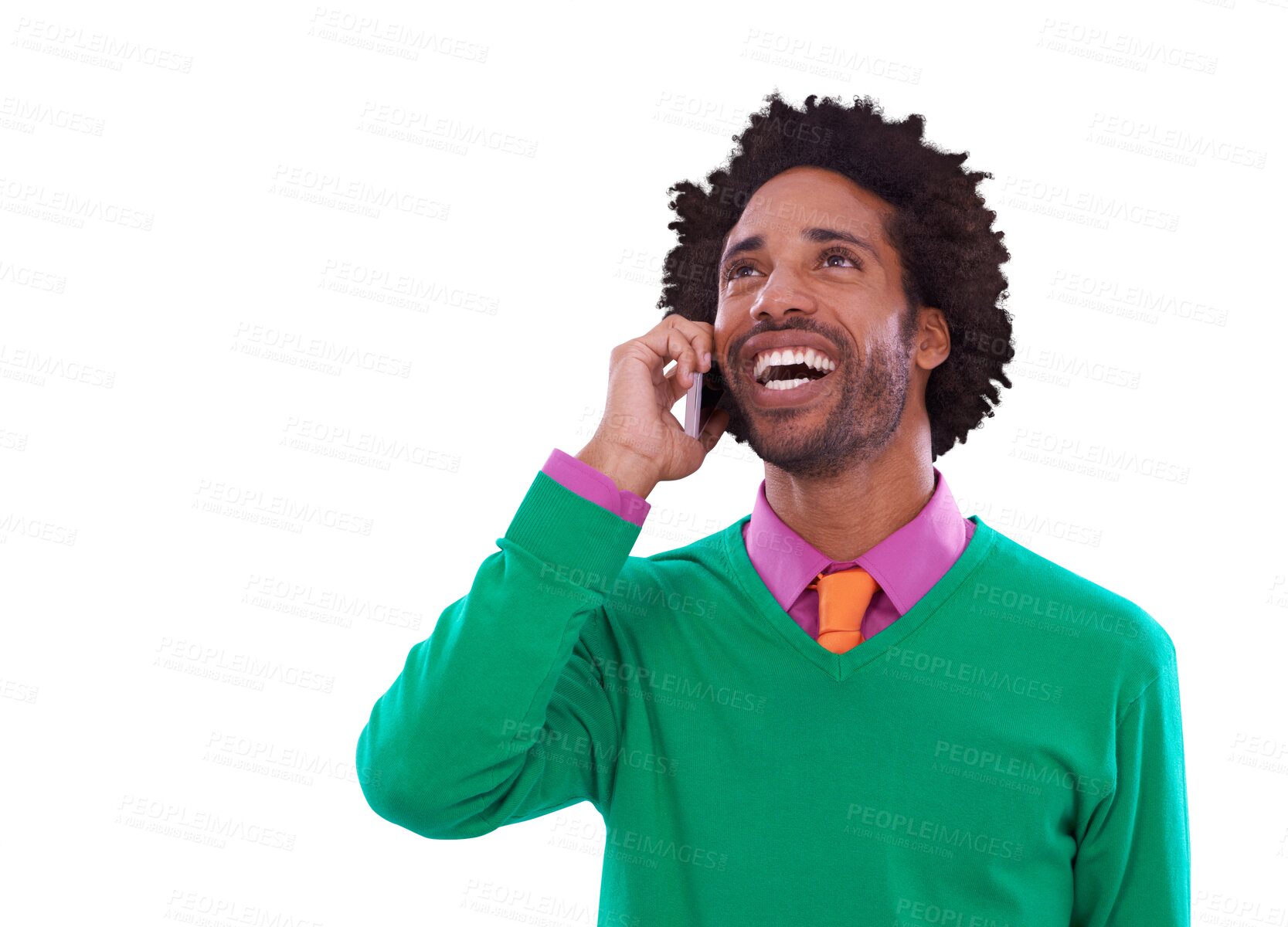 Buy stock photo Phone call, happy and young black man with communication in colorful, stylish and casual outfit. Smile, cellphone and African male person on mobile conversation isolated by transparent png background