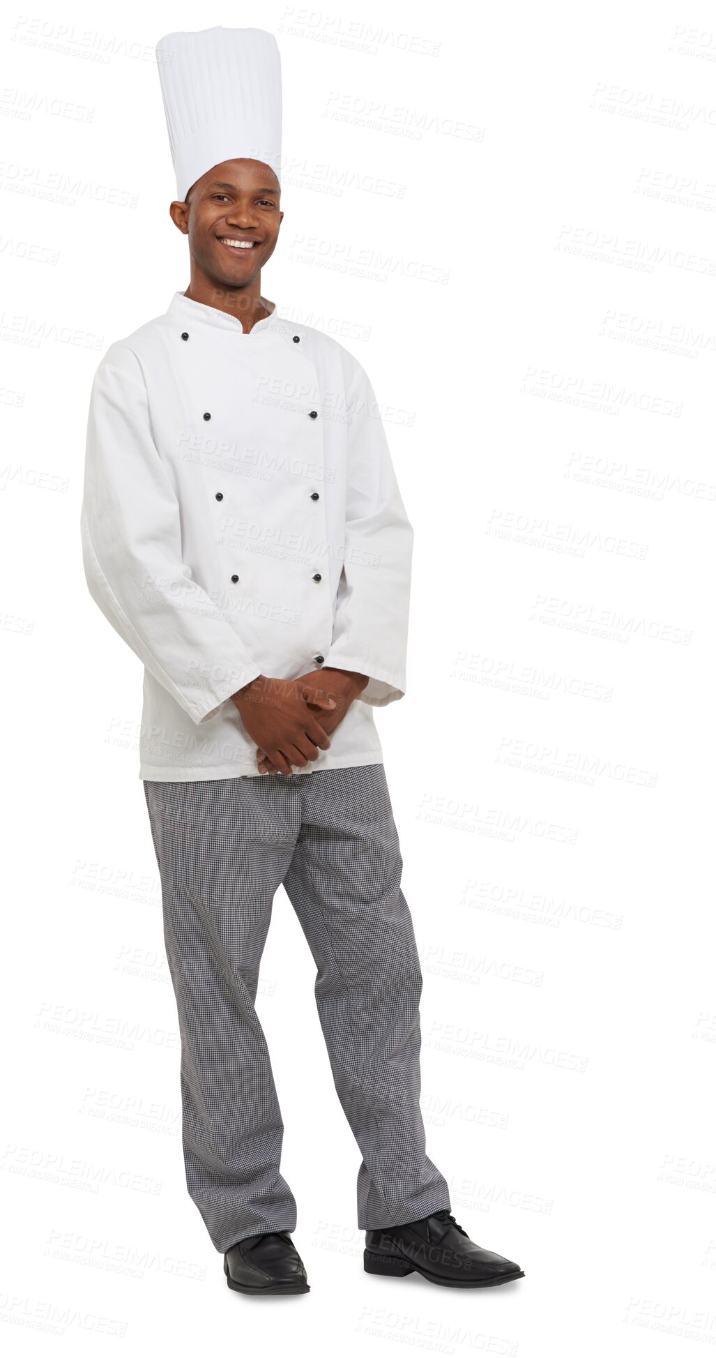 Buy stock photo Chef with smile, confidence and portrait isolated on transparent png background with kitchen uniform. Fine dining, hospitality or catering with happy black man, cook or baker with restaurant career.