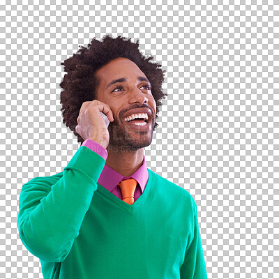 Buy stock photo Phone call, smile and young black man with communication in colorful, stylish and casual outfit. Happy, cellphone and African male person on mobile conversation isolated by transparent png background