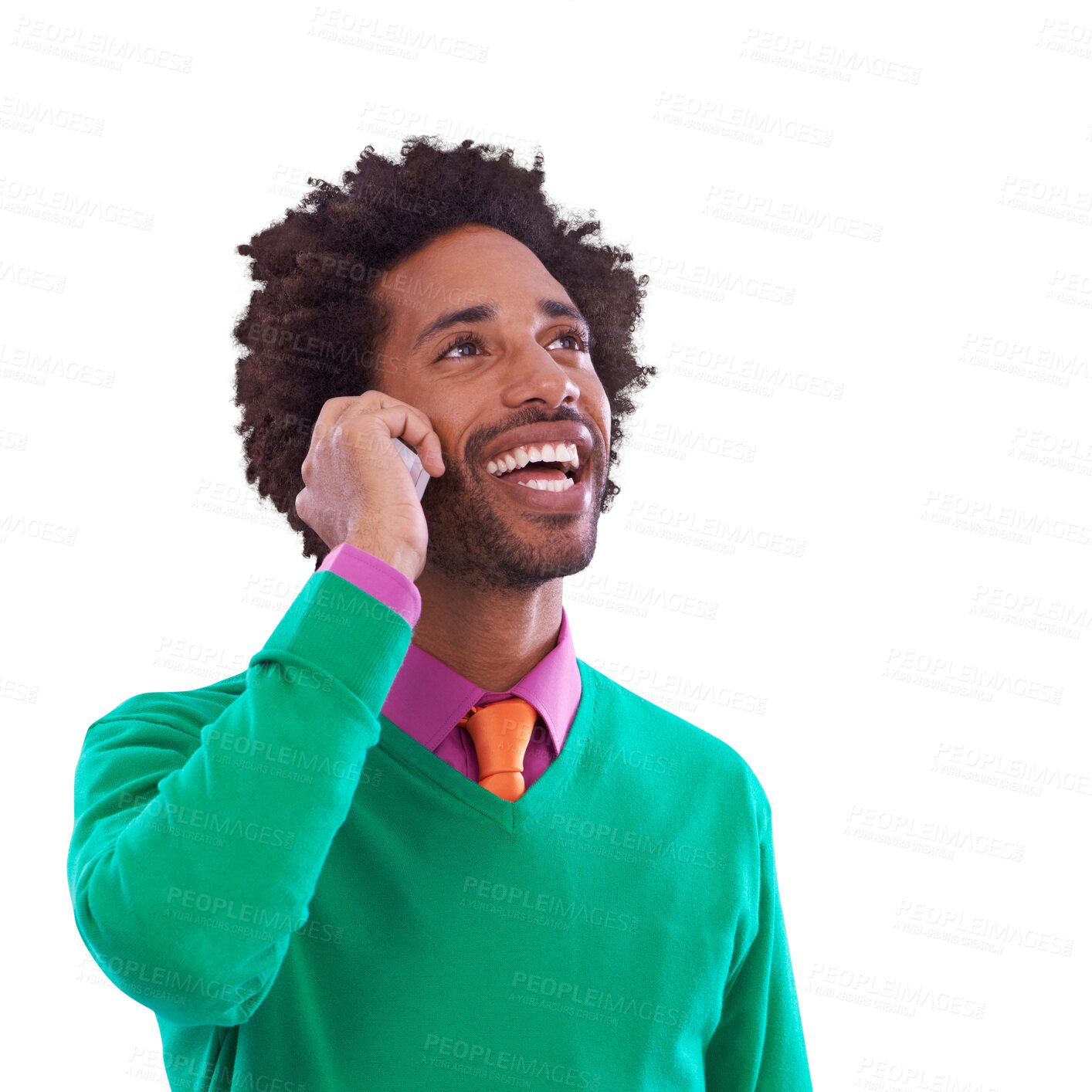 Buy stock photo Phone call, smile and young black man with communication in colorful, stylish and casual outfit. Happy, cellphone and African male person on mobile conversation isolated by transparent png background