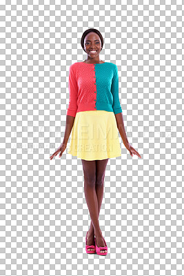 Buy stock photo Portrait, fashion and trendy with a happy black woman isolated on a transparent background for colorful style. Smile, bright and retro with a confident young model on PNG in a multicolor outfit