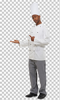 Buy stock photo Chef with hands pointing, presentation and portrait isolated on transparent png background with menu deal. Fine dining, hospitality or catering with black man, cook or baker with restaurant promo.