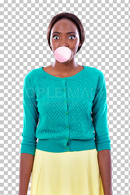 Buy stock photo Portrait, bubble and wow with a black woman chewing gum isolated on a transparent background. Eyes, surprise and blowing with a young person looking shocked on PNG in a trendy clothes outfit