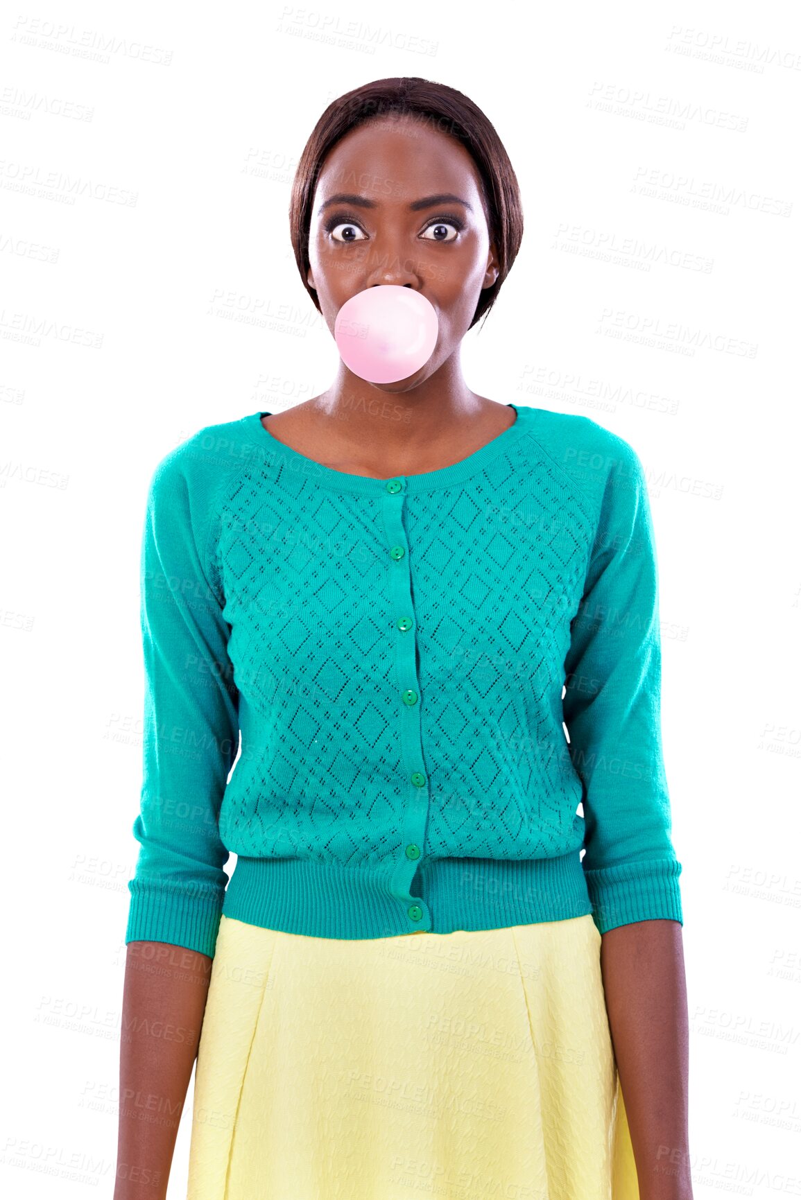 Buy stock photo Portrait, bubble and wow with a black woman chewing gum isolated on a transparent background. Eyes, surprise and blowing with a young person looking shocked on PNG in a trendy clothes outfit