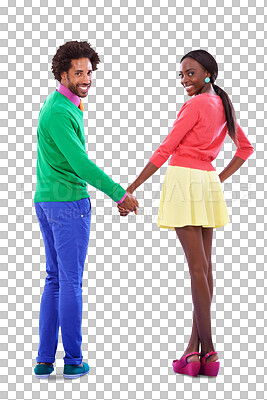 Buy stock photo Portrait, back and a black couple holding hands for love isolated on a transparent background together. Fashion, smile or happy with a young man and woman on PNG for bonding, romance or dating