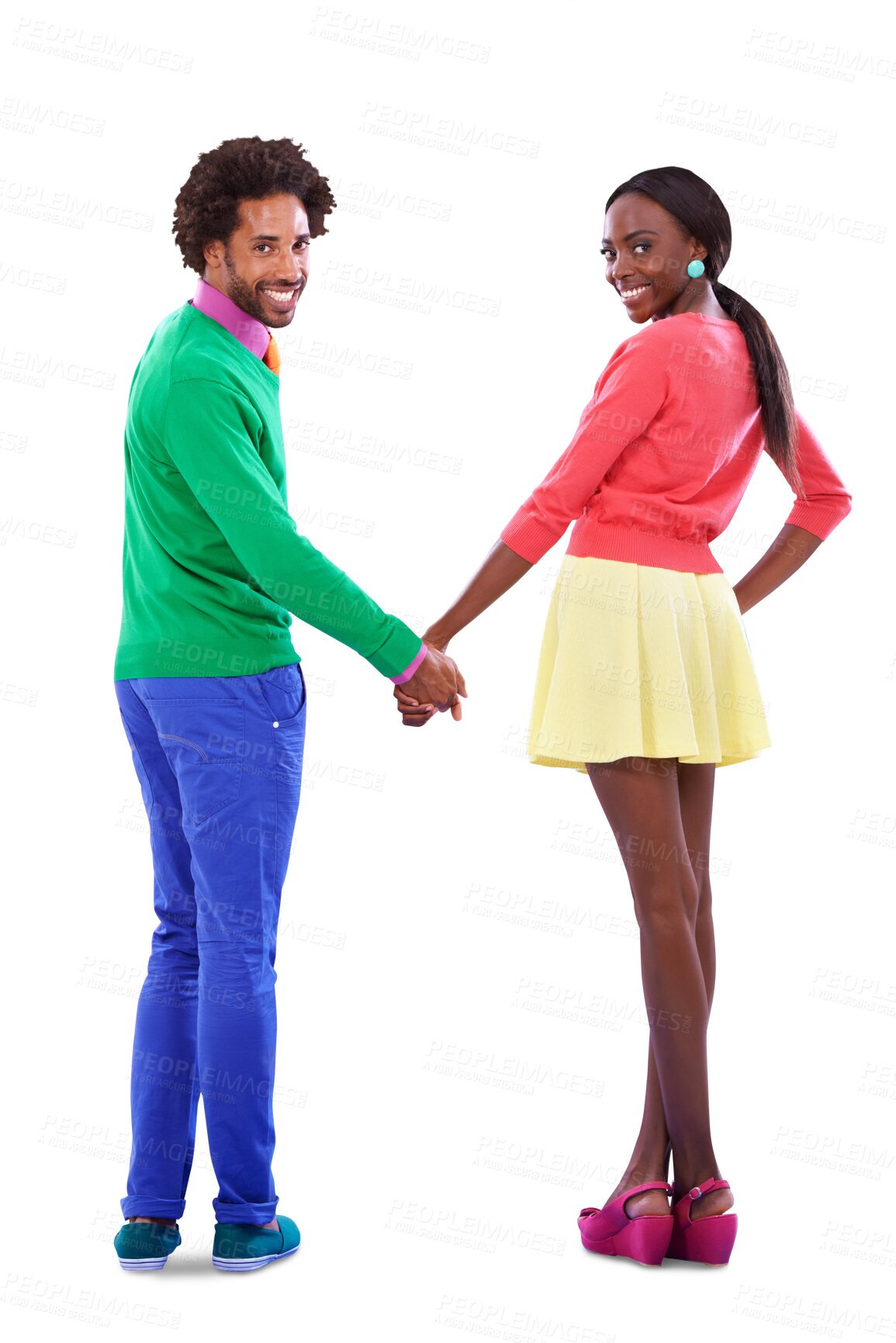 Buy stock photo Portrait, back and a black couple holding hands for love isolated on a transparent background together. Fashion, smile or happy with a young man and woman on PNG for bonding, romance or dating