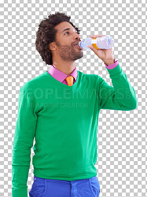 Buy stock photo Fashion, drinking water and black man with style, wellness and confident guy isolated on transparent background. African person, png or model trendy outfit, bottle with liquid and aqua with nutrition