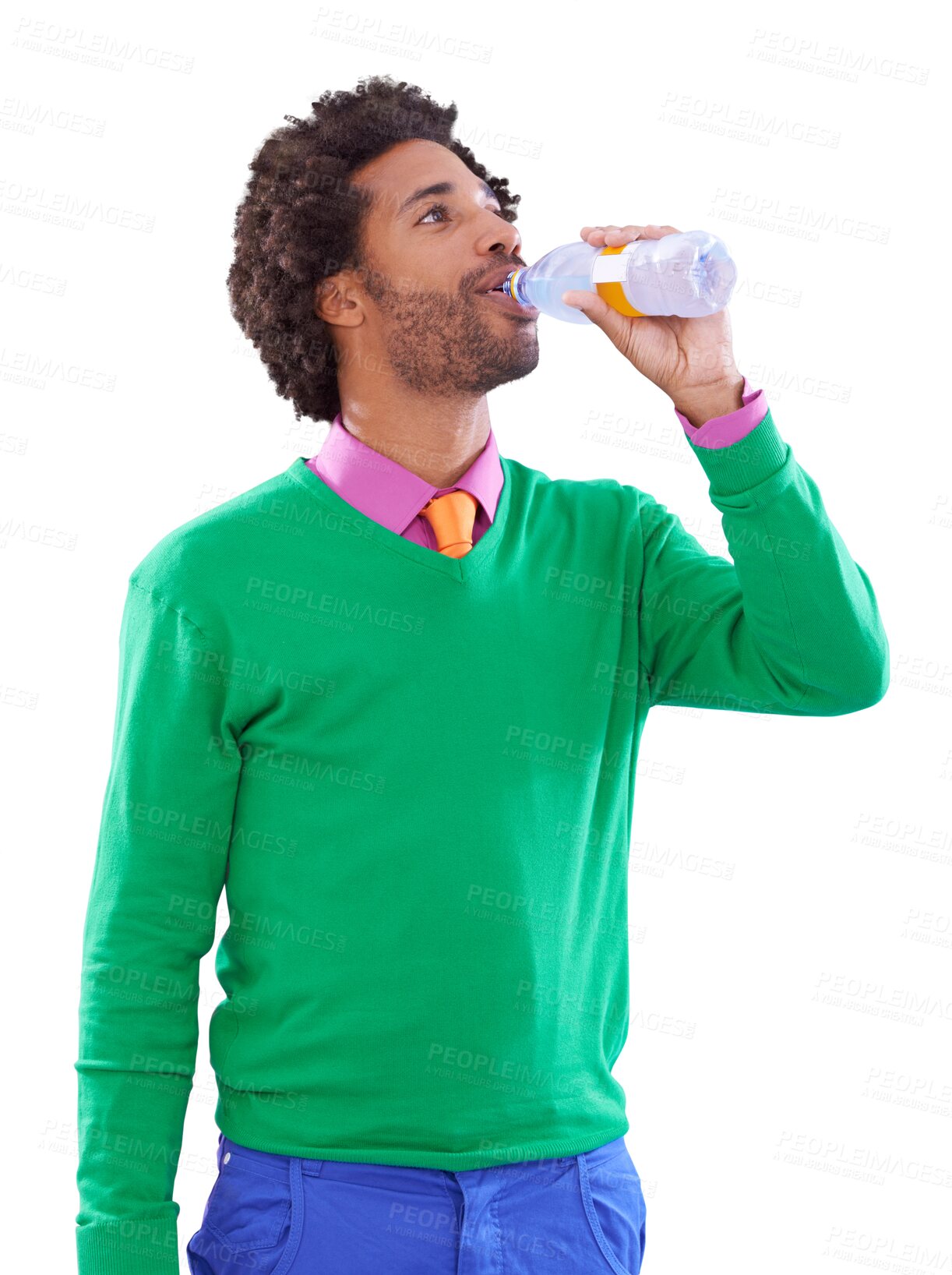 Buy stock photo Fashion, drinking water and black man with style, wellness and confident guy isolated on transparent background. African person, png or model trendy outfit, bottle with liquid and aqua with nutrition