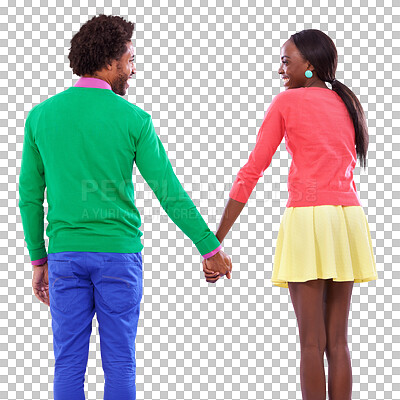 Buy stock photo Smile, back and a black couple holding hands for love isolated on a transparent background together. Fashion, happy or laughing with a young man and woman on PNG for bonding, romance or dating