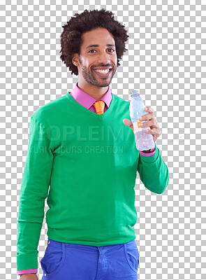 Buy stock photo Fashion, drinking water and black man with portrait, wellness and confident guy isolated on transparent background. African person, png or model with outfit, bottle with liquid, face and nutrition