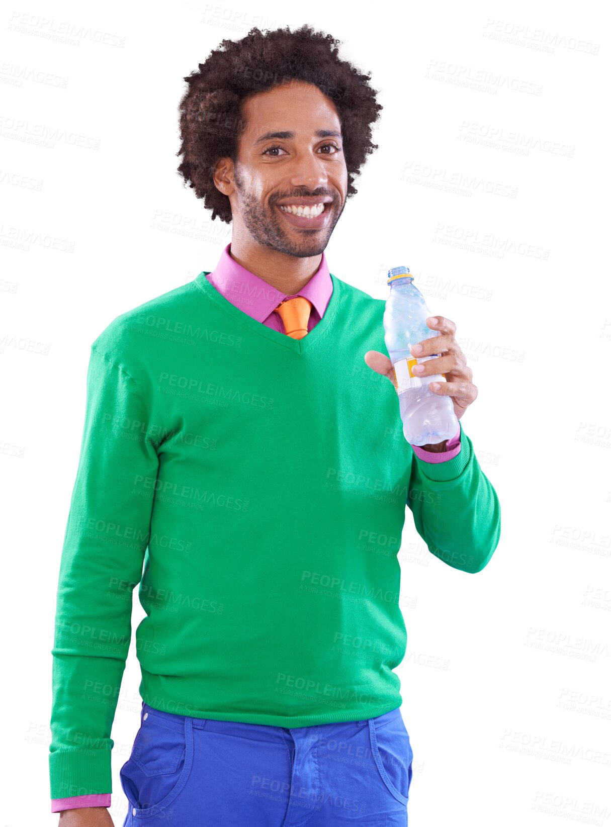 Buy stock photo Fashion, drinking water and black man with portrait, wellness and confident guy isolated on transparent background. African person, png or model with outfit, bottle with liquid, face and nutrition