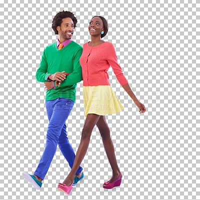 Buy stock photo Retro fashion, color and black couple walk isolated on transparent png background together on date. Love, holding hands and smile, happy woman and man in vintage style, vibrant clothes and romance