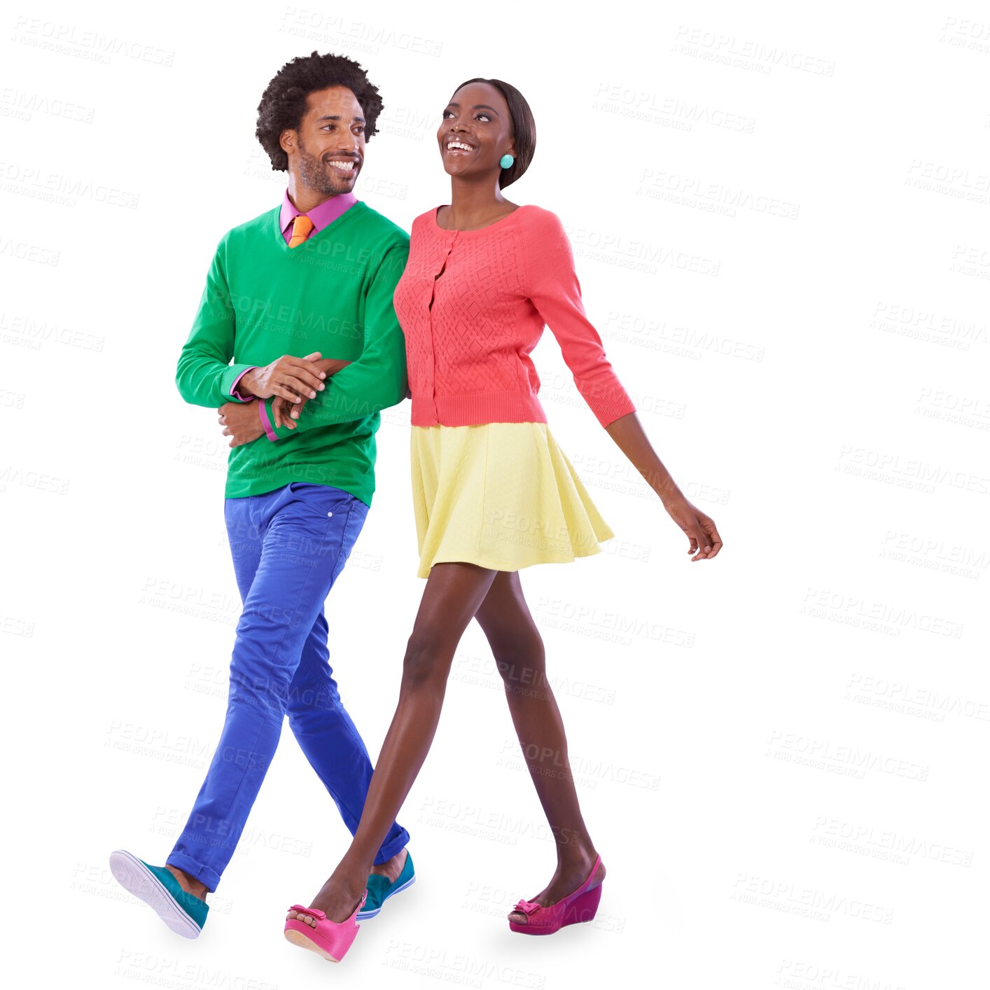Buy stock photo Retro fashion, color and black couple walk isolated on transparent png background together on date. Love, holding hands and smile, happy woman and man in vintage style, vibrant clothes and romance