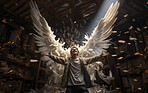 Happy man with big angel wings in dark attic or library. Arms wide open.
