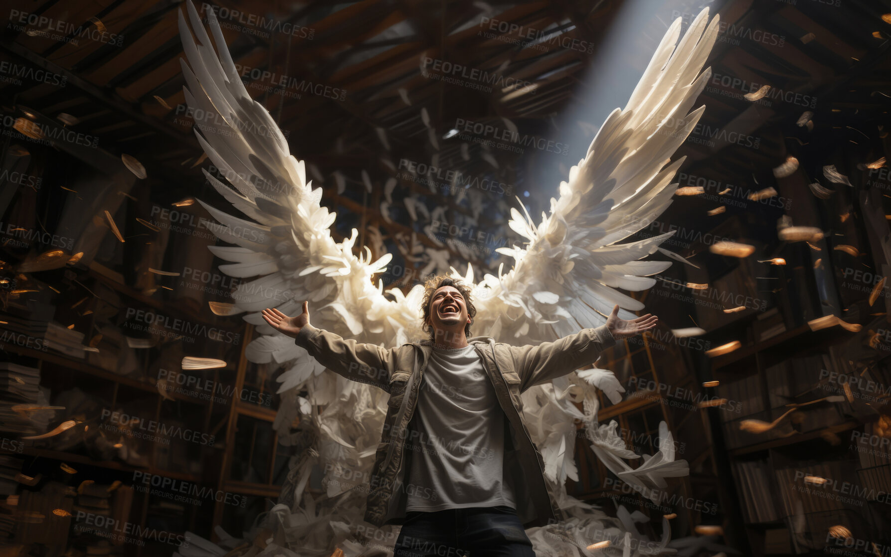 Buy stock photo Happy man with big angel wings in dark attic or library. Arms wide open.