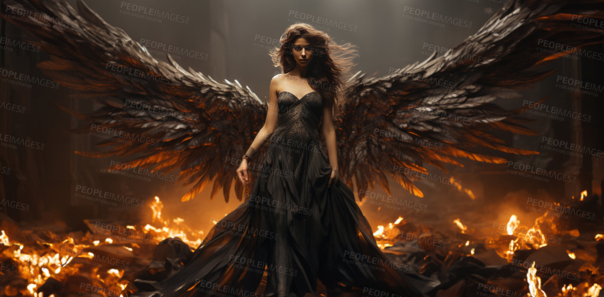 Buy stock photo Dark angel. Fallen angel walking on coal. Flames in background .