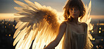 Portrait of woman with angel wings in sunset. On building roof . Angle concept.