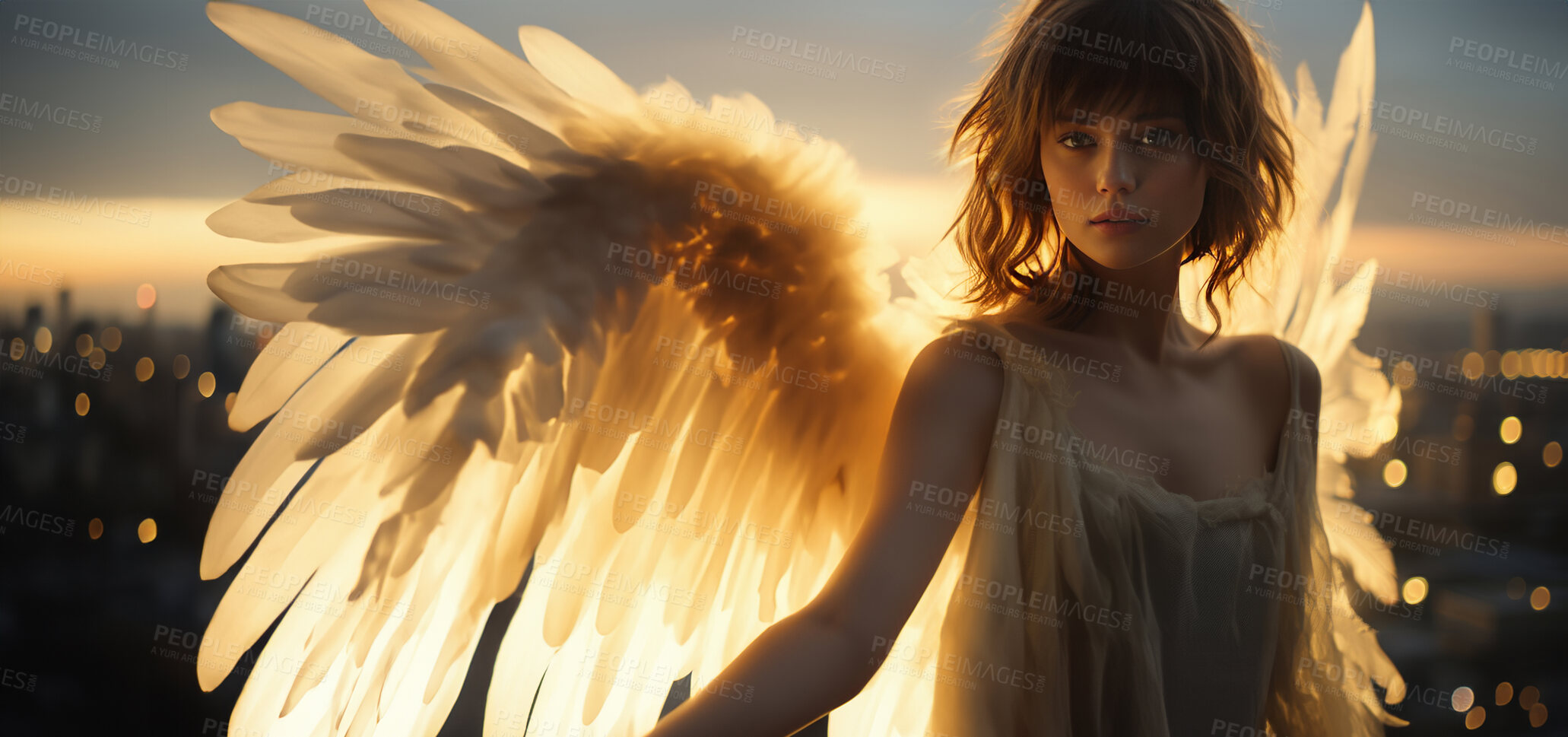 Buy stock photo Portrait of woman with angel wings in sunset. On building roof . Angle concept.