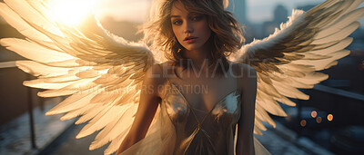 Buy stock photo Candid shot of woman with angel wings in sunset. Seen in city. Angle concept.
