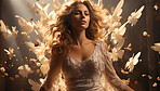 Portrait of delicate, angelic woman as an angel with floral wings. Angel concept.