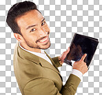 Face of man, portrait and screen of tablet in studio, white back