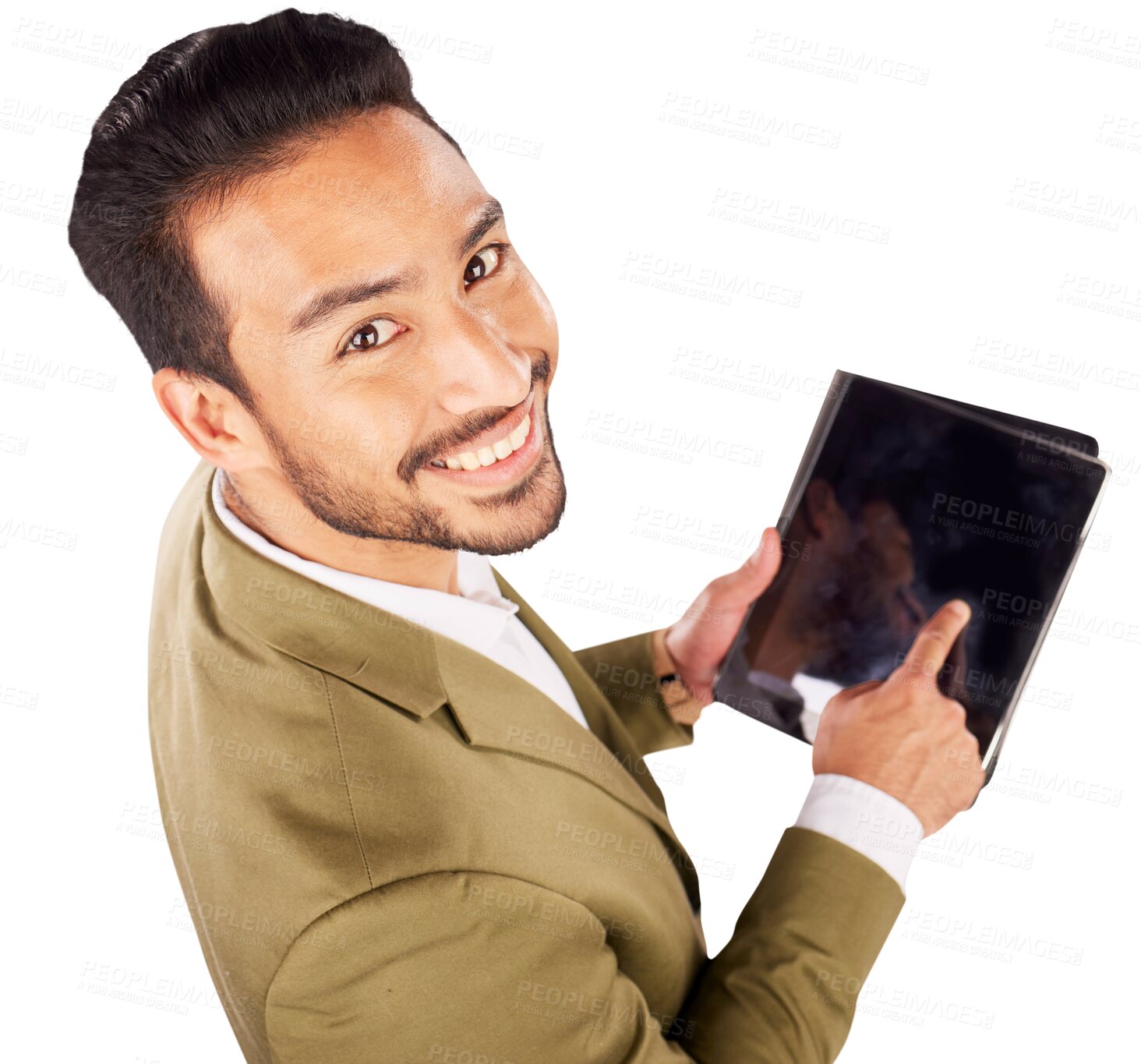 Buy stock photo Portrait, smile and business with man, tablet and financial adviser isolated on transparent background. Face, person and employee with tech, stock market newsletter and png with internet and analysis