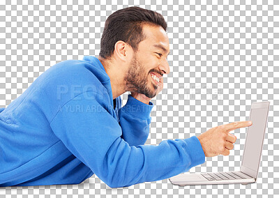 Buy stock photo Laptop, smile and pointing with a young man isolated on a transparent background for web browsing. Computer, internet and research with a happy young person on PNG to search for information online