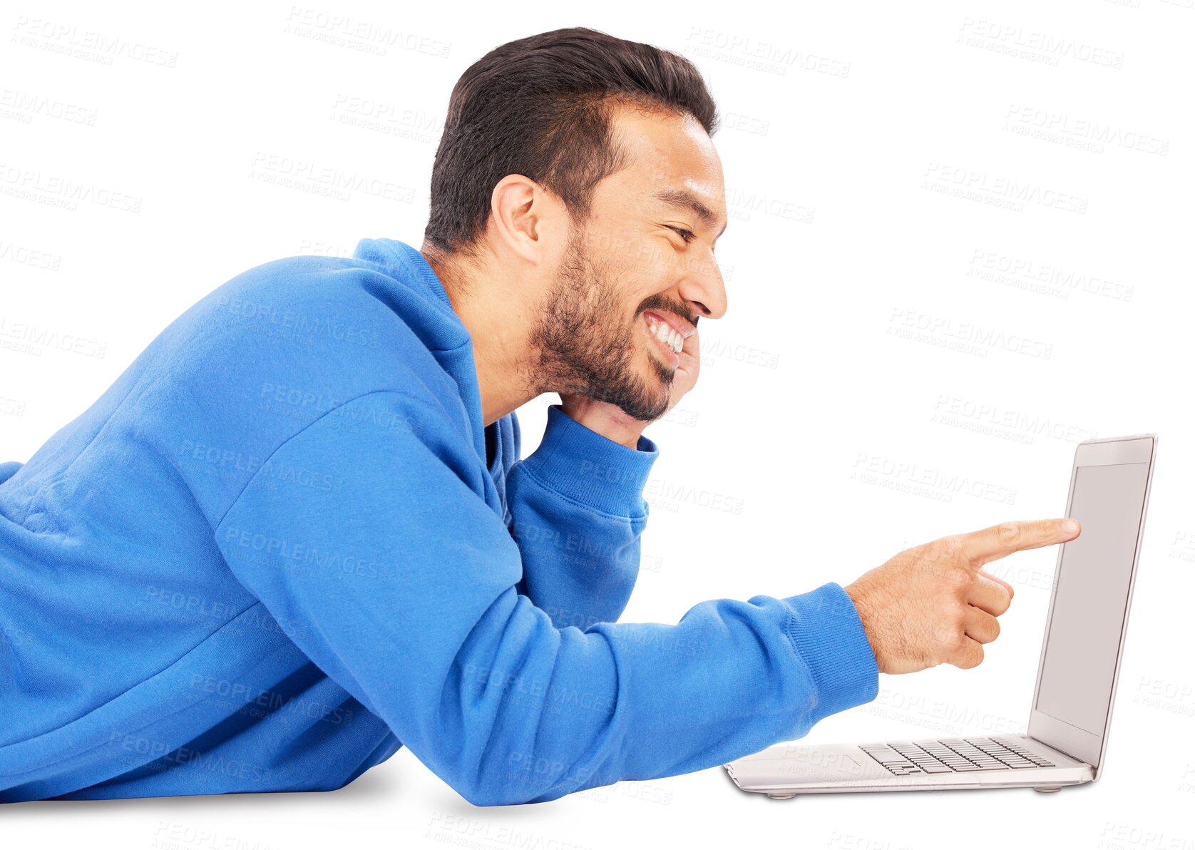 Buy stock photo Laptop, smile and pointing with a young man isolated on a transparent background for web browsing. Computer, internet and research with a happy young person on PNG to search for information online