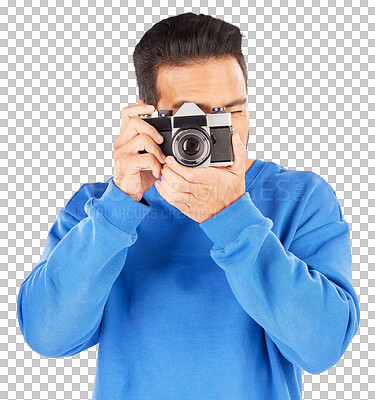 Buy stock photo Photographer, man and retro camera for photoshoot, content creation and paparazzi magazine isolated on transparent png background. Guy, journalist or photography with lens for creative art production