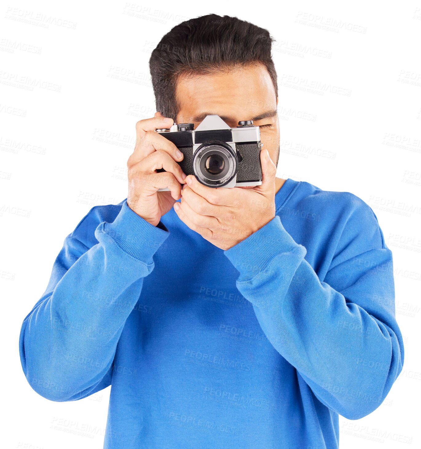 Buy stock photo Photographer, man and retro camera for photoshoot, content creation and paparazzi magazine isolated on transparent png background. Guy, journalist or photography with lens for creative art production