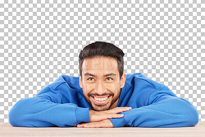 Buy stock photo Happy man, thinking and wonder on face for ideas, brainstorming or dream by table. Asian person, resting and excited by desk on isolated or transparent png background for choice, decision or option