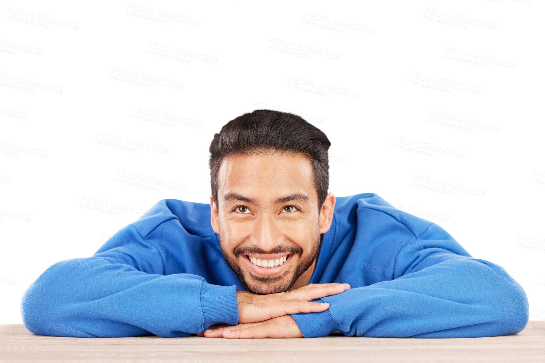 Buy stock photo Happy man, thinking and wonder on face for ideas, brainstorming or dream by table. Asian person, resting and excited by desk on isolated or transparent png background for choice, decision or option