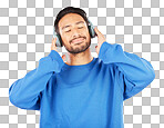 Asian man, headphones and music in studio, white background and