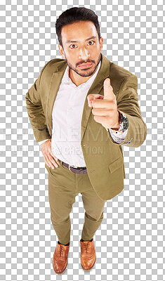 Buy stock photo Portrait, businessman and upset for pointing, scolding or discipline for employee work. Asian person, boss or manager with finger wag on isolated or transparent png background in serious expression