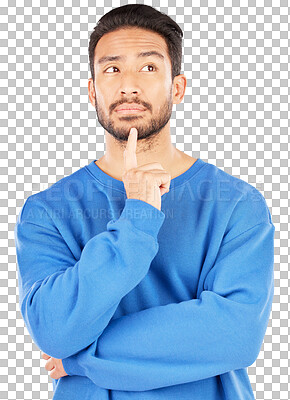 Buy stock photo Thinking, idea and young man brainstorming for a choice, decision or option with questions. Planning, memory and Indian male person dreaming for reflection isolated by transparent png background.