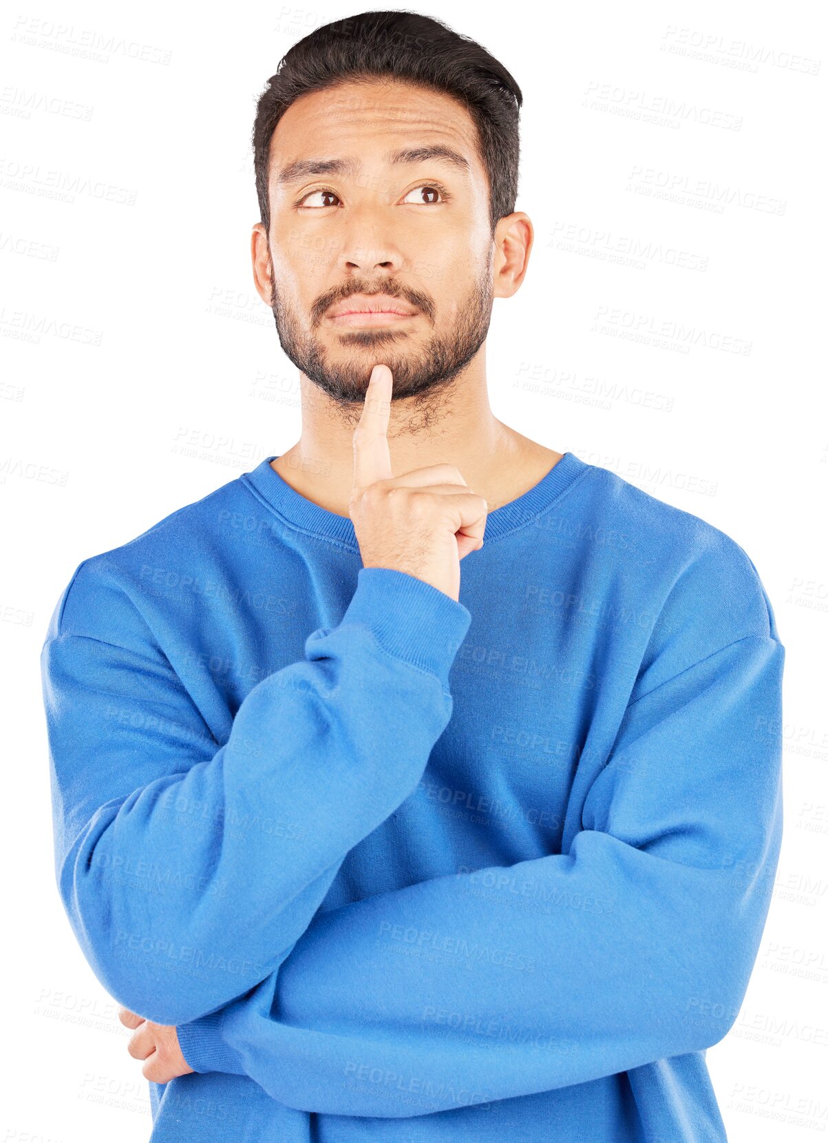 Buy stock photo Thinking, idea and young man brainstorming for a choice, decision or option with questions. Planning, memory and Indian male person dreaming for reflection isolated by transparent png background.