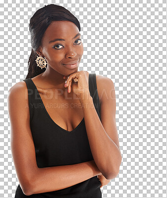 Buy stock photo Portrait, thinking and black woman with idea, planning strategy or problem solving isolated on a transparent png background. Face, solution and African person decision making, inspiration or question