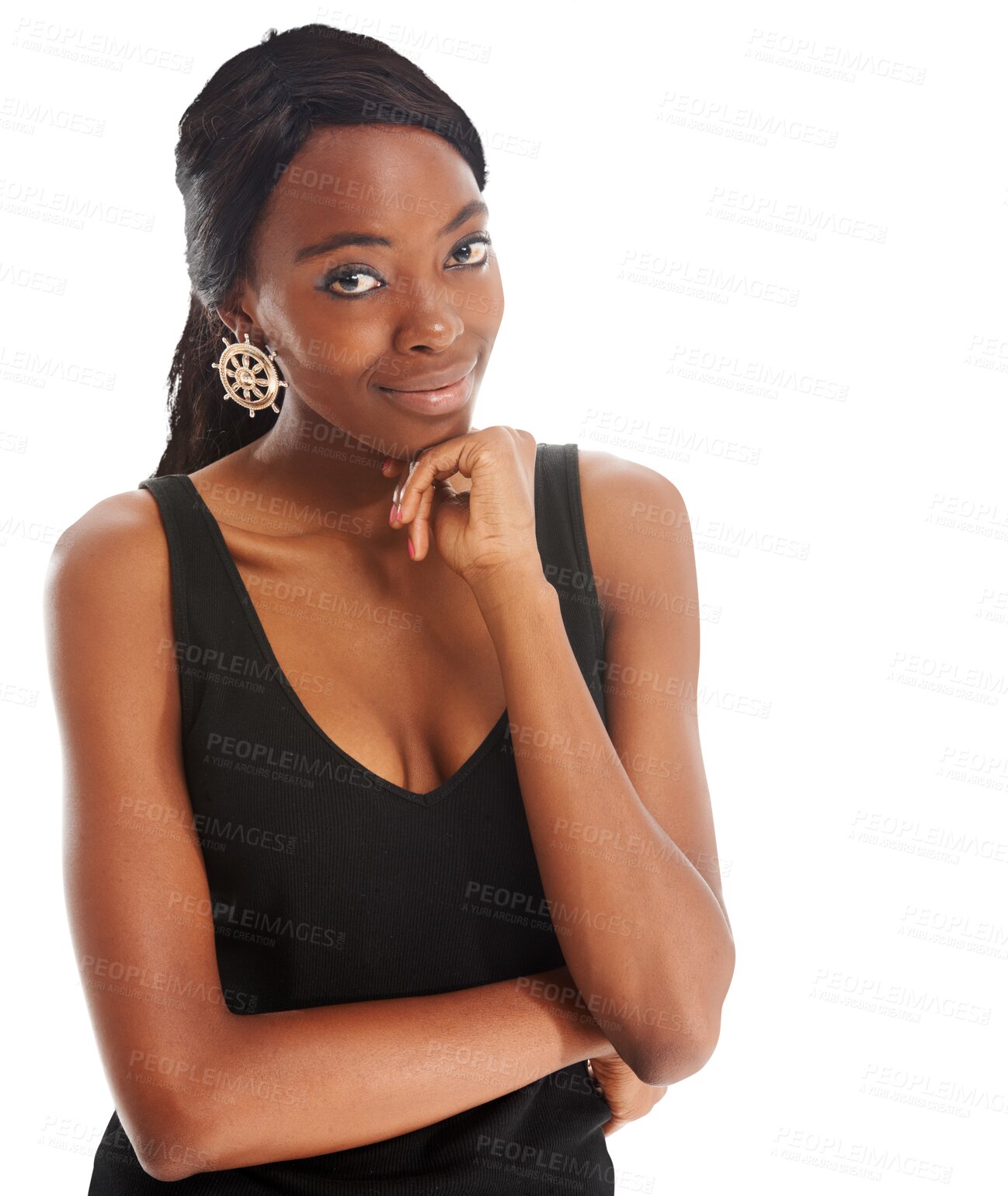 Buy stock photo Portrait, thinking and black woman with idea, planning strategy or problem solving isolated on a transparent png background. Face, solution and African person decision making, inspiration or question