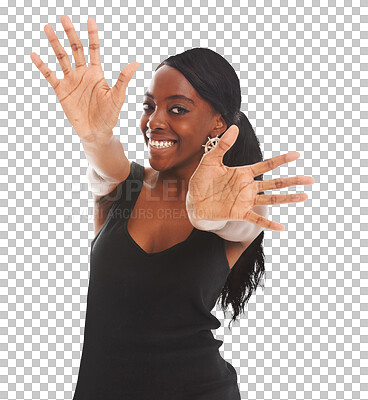 Buy stock photo Woman, palm and face frame portrait smile for promotion sale, advertising or communication. African female, ten sign hand gesture for retail or marketing isolated by transparent png background.