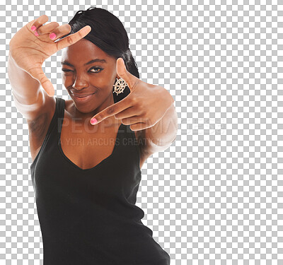 Buy stock photo Woman, portrait and hand frame or beauty confidence for fashion style, trendy cosmetics or isolated on transparent png background. Black person, fingers for gesture, creative vision or perspective