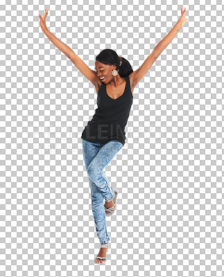 Buy stock photo Black woman, hands in air and happy for fashion, makeup and confident on isolated transparent png background. Smile, beauty and young with trendy outfit, stylish and cool contemporary clothes
