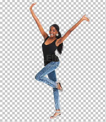 Buy stock photo Black woman, portrait and happy for fashion, makeup and confident while isolated transparent png background. Smiling, joyful and young with contemporary outfit, style and cool stylish clothing