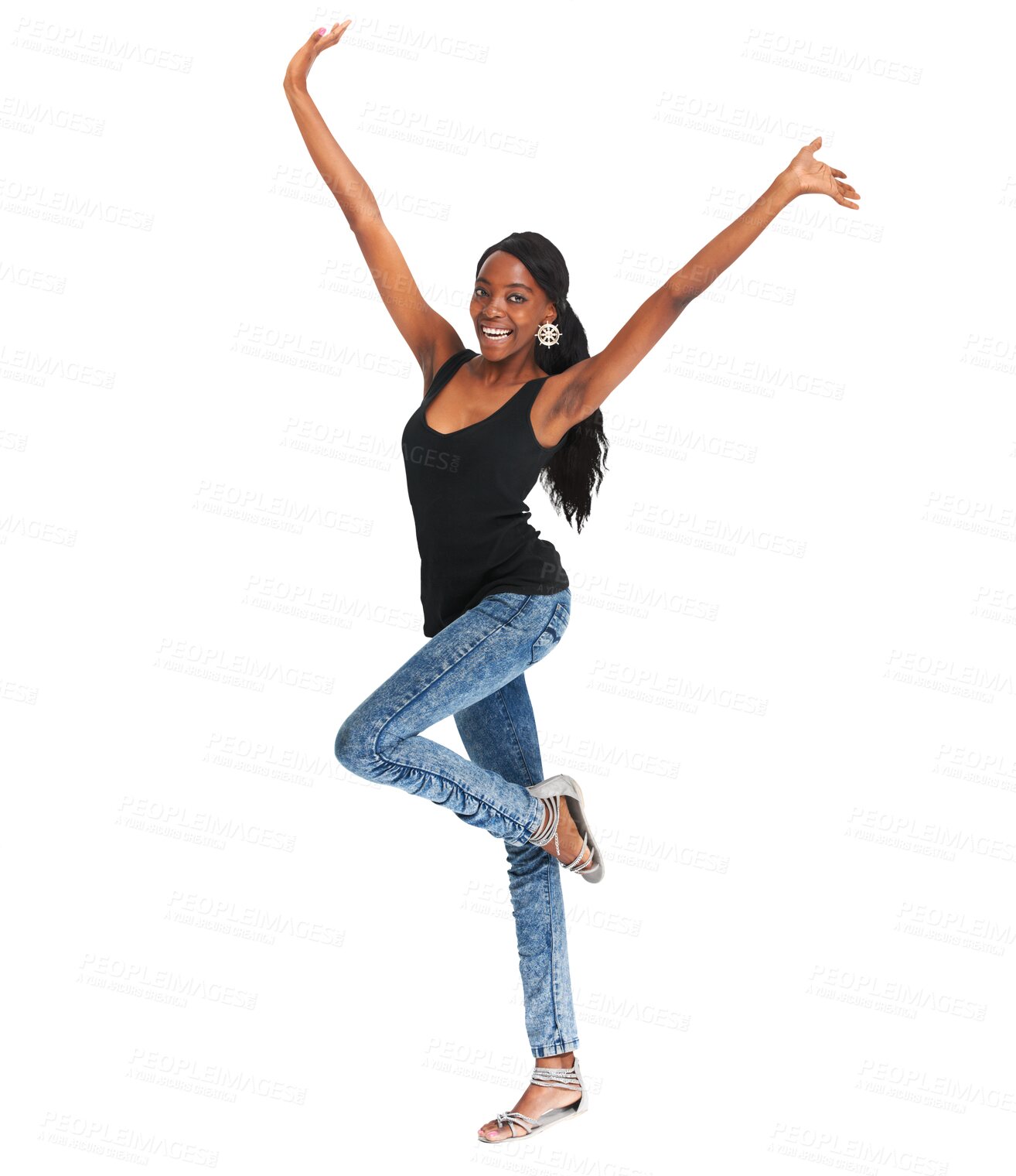 Buy stock photo Black woman, portrait and happy for fashion, makeup and confident while isolated transparent png background. Smiling, joyful and young with contemporary outfit, style and cool stylish clothing