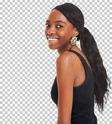 Buy stock photo Cosmetics portrait, hair care smile and black woman with hairstyle extension, clean haircut or beauty salon skincare. Wig texture, weave and hairdressing model isolated on transparent, png background