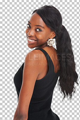 Buy stock photo Smile, fashion and portrait of young black woman with casual, trendy and stylish outfit for confidence. Happy, beauty and African female model with style isolated by transparent png background.