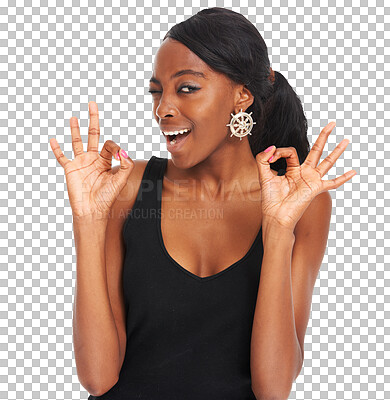 Buy stock photo Woman, wink and ok for approval, agreement and thank you or isolated on transparent png background. Black female person, emoji and yes or support, winner and smile for satisfaction, vote and feedback